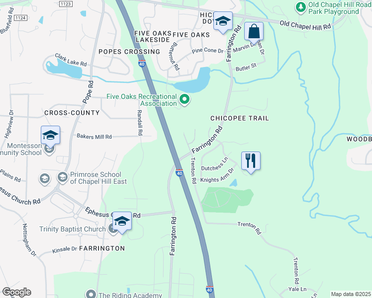 map of restaurants, bars, coffee shops, grocery stores, and more near 5101 Marcella Court in Durham