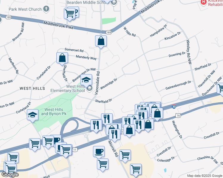 map of restaurants, bars, coffee shops, grocery stores, and more near 7424 Westridge Drive in Knoxville