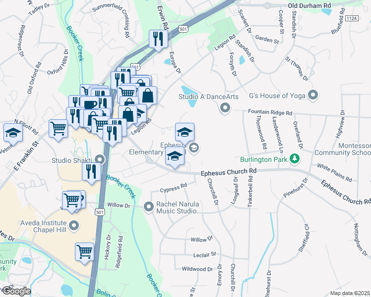 map of restaurants, bars, coffee shops, grocery stores, and more near 1495 Ephesus Church Road in Chapel Hill