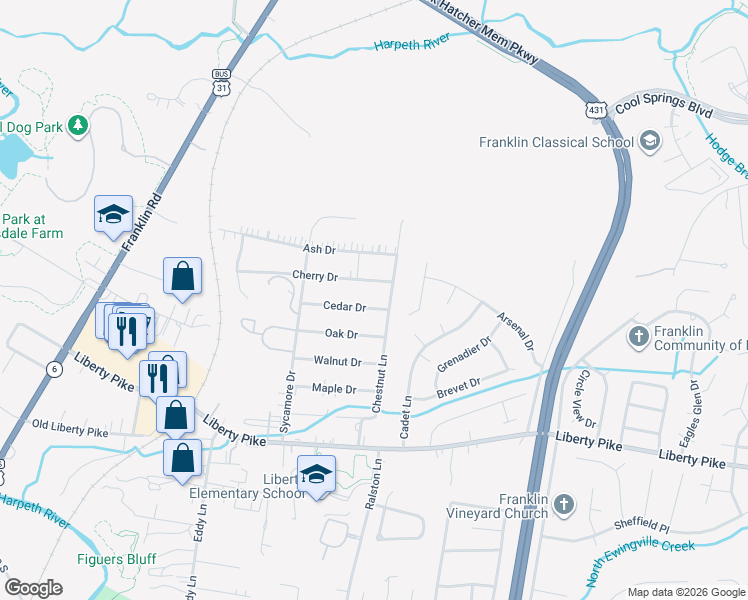 map of restaurants, bars, coffee shops, grocery stores, and more near 204 Cedar Drive in Franklin