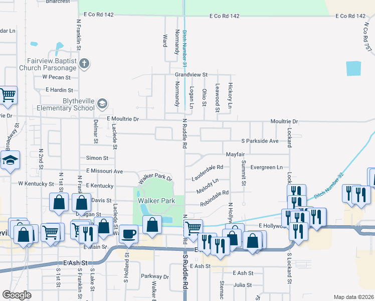 map of restaurants, bars, coffee shops, grocery stores, and more near 800 Biltmore Street in Blytheville