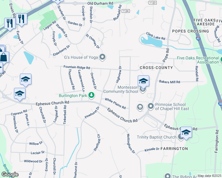 map of restaurants, bars, coffee shops, grocery stores, and more near 1905 Overland Drive in Chapel Hill