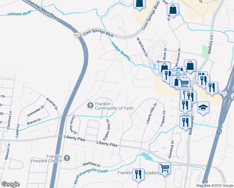 map of restaurants, bars, coffee shops, grocery stores, and more near 717 Fawn Circle in Franklin