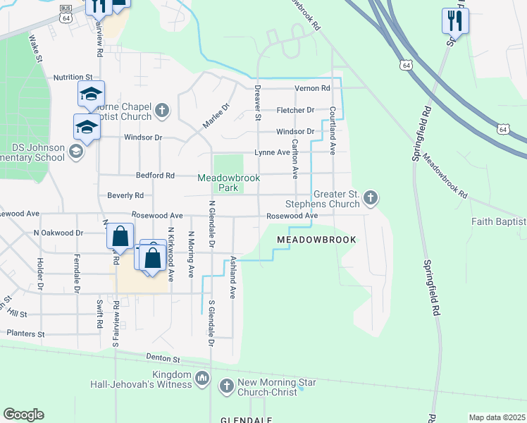 map of restaurants, bars, coffee shops, grocery stores, and more near 1736 Rosewood Avenue in Rocky Mount