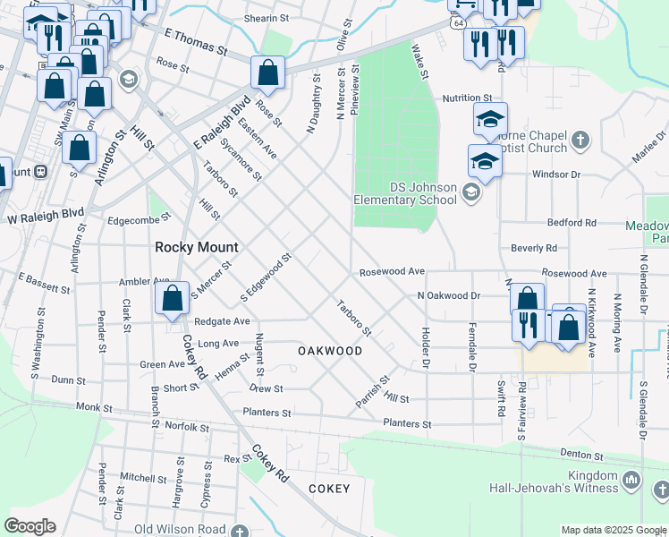 map of restaurants, bars, coffee shops, grocery stores, and more near 934-938 Tarboro Street in Rocky Mount