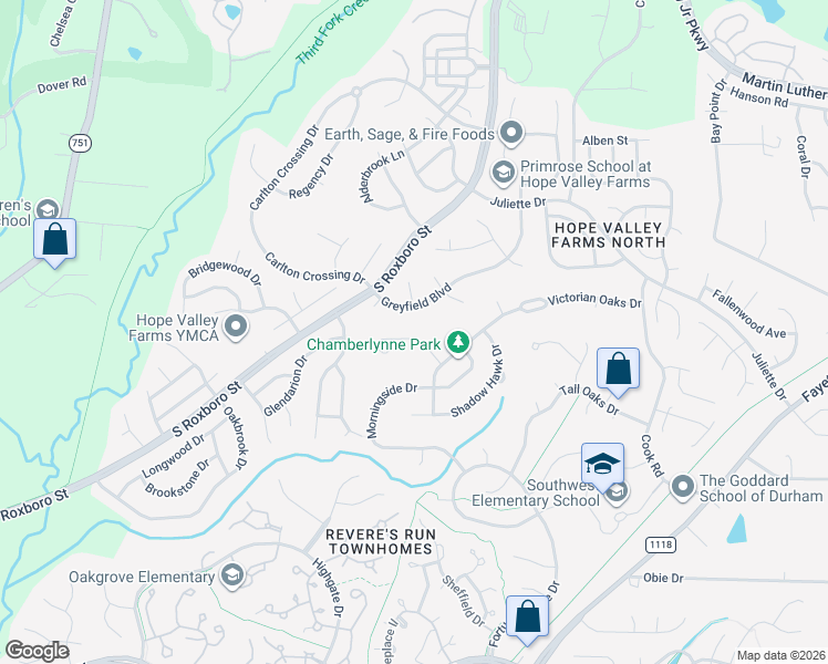 map of restaurants, bars, coffee shops, grocery stores, and more near Kinney Glenn Court in Durham