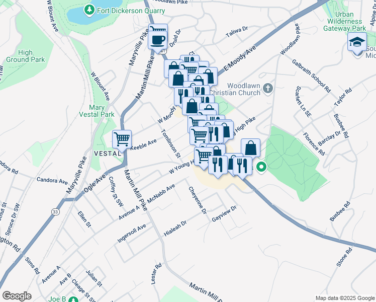 map of restaurants, bars, coffee shops, grocery stores, and more near 4310 Tomlinson Street in Knoxville