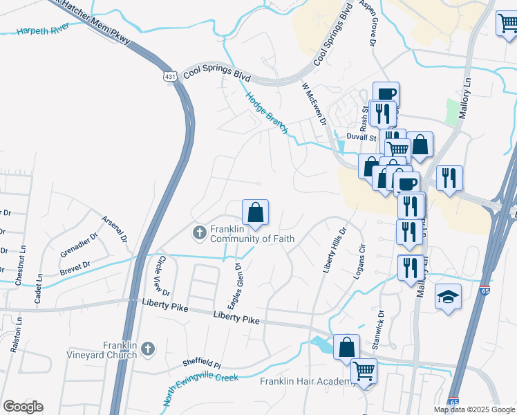 map of restaurants, bars, coffee shops, grocery stores, and more near 717 Fawn Circle in Franklin