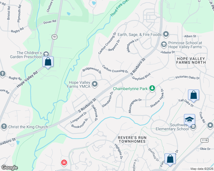 map of restaurants, bars, coffee shops, grocery stores, and more near 4802 Valley Ridge Drive in Durham