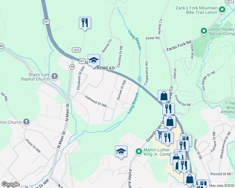 map of restaurants, bars, coffee shops, grocery stores, and more near 205 Hazel Lee Street Northwest in Lenoir