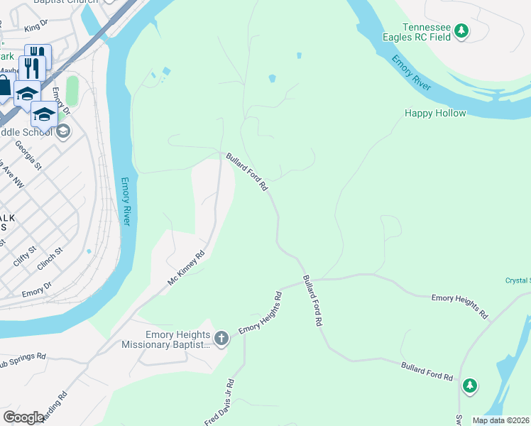 map of restaurants, bars, coffee shops, grocery stores, and more near 323 Bullard Ford Road in Harriman