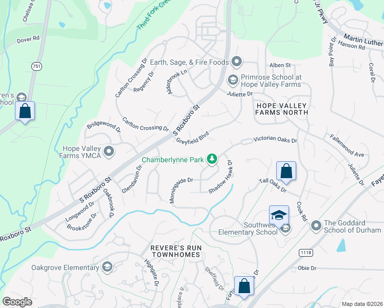 map of restaurants, bars, coffee shops, grocery stores, and more near Kinney Glenn Court in Durham