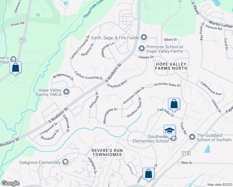 map of restaurants, bars, coffee shops, grocery stores, and more near 216 Kinney Glenn Court in Durham