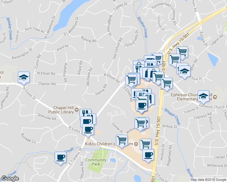 map of restaurants, bars, coffee shops, grocery stores, and more near 1609 East Franklin Street in Chapel Hill