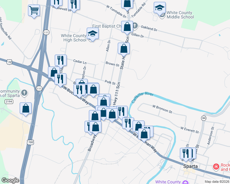 map of restaurants, bars, coffee shops, grocery stores, and more near 109 North Spring Street in Sparta