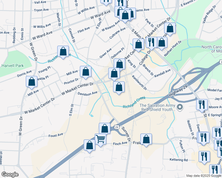 map of restaurants, bars, coffee shops, grocery stores, and more near 615 Davidson Avenue in High Point