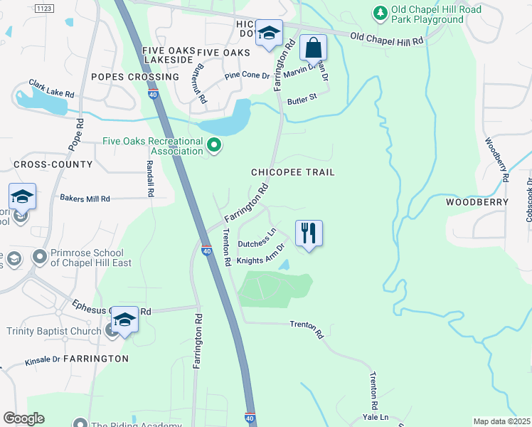 map of restaurants, bars, coffee shops, grocery stores, and more near 4701 Carmen Lane in Durham
