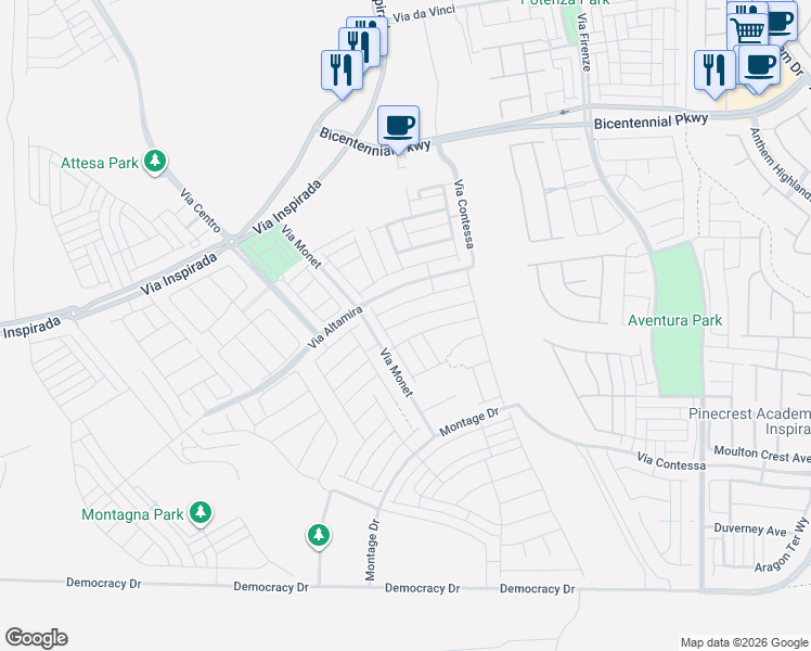 map of restaurants, bars, coffee shops, grocery stores, and more near 2605 Via Monet in Henderson