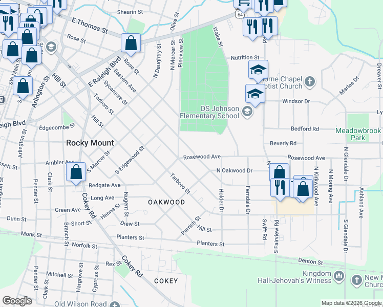 map of restaurants, bars, coffee shops, grocery stores, and more near 1110 Rosewood Avenue in Rocky Mount