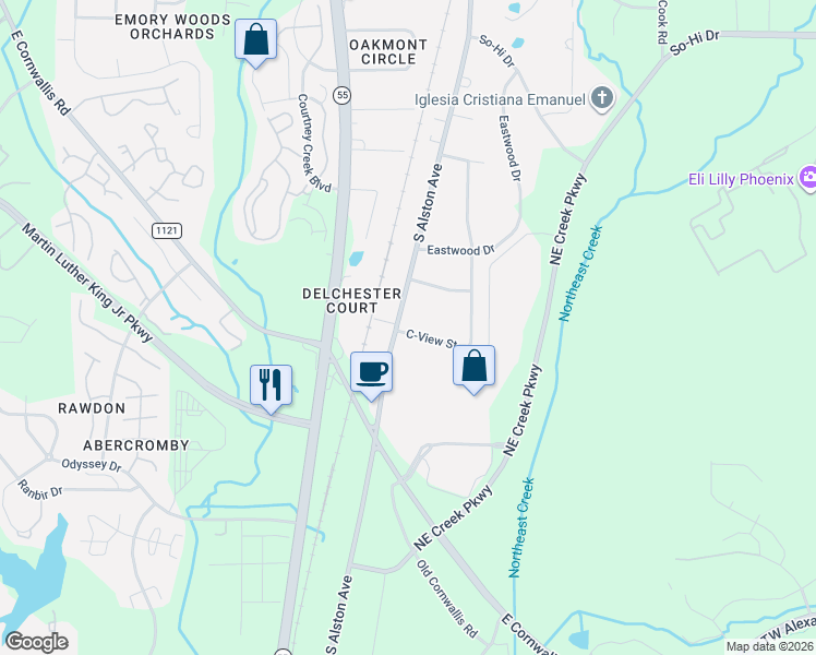 map of restaurants, bars, coffee shops, grocery stores, and more near 3501 C-View Street in Durham