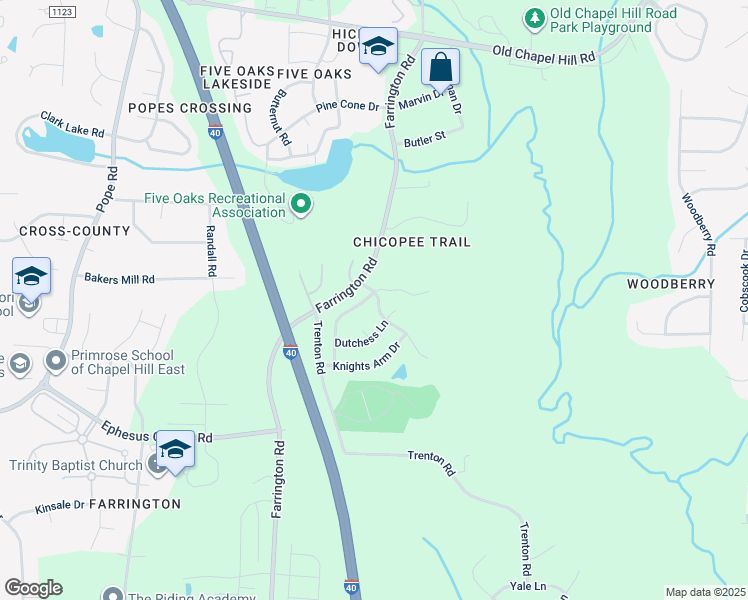 map of restaurants, bars, coffee shops, grocery stores, and more near 4701 Carmen Lane in Durham