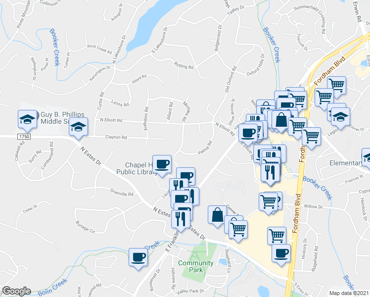 map of restaurants, bars, coffee shops, grocery stores, and more near 1502 Velma Road in Chapel Hill