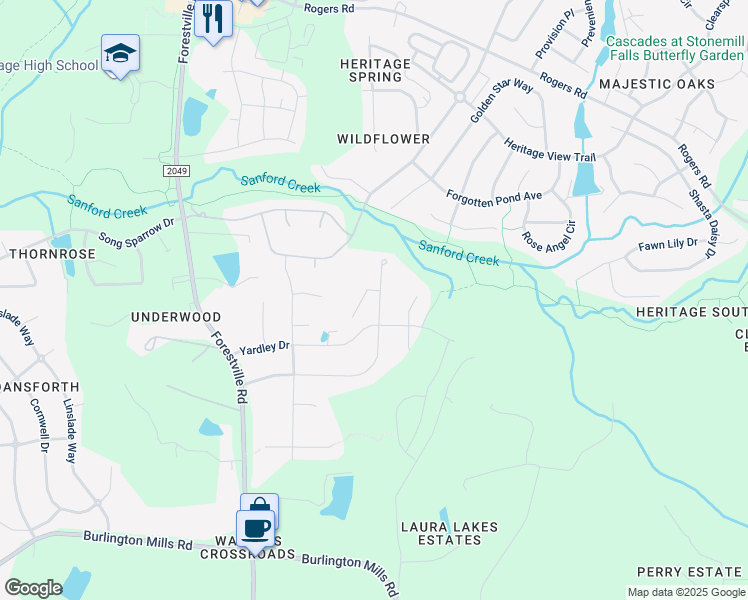 map of restaurants, bars, coffee shops, grocery stores, and more near 1120 Mackinaw Drive in Wake Forest