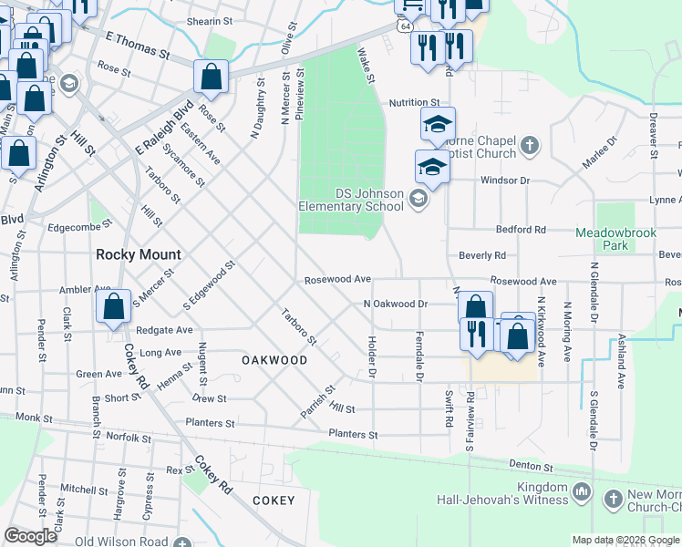 map of restaurants, bars, coffee shops, grocery stores, and more near 1110 Rosewood Avenue in Rocky Mount