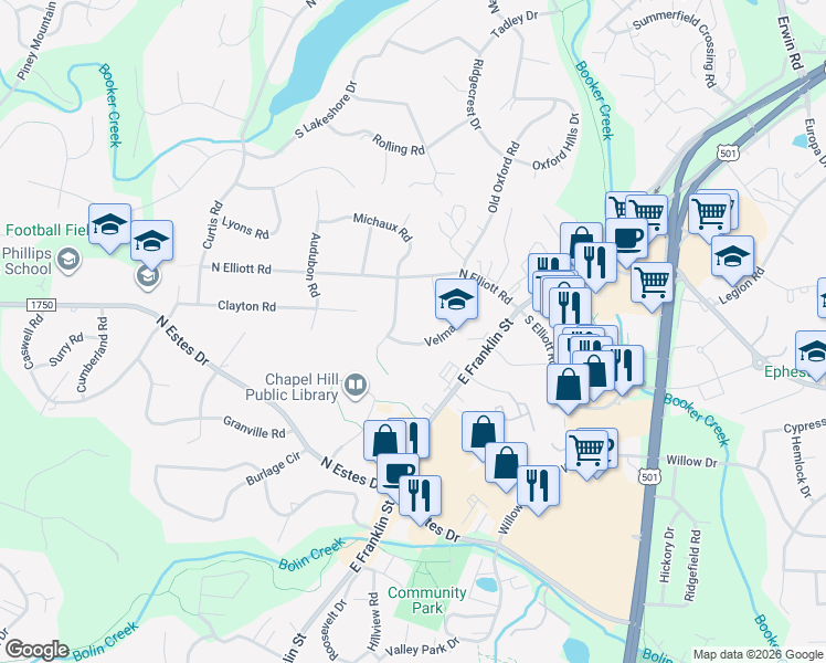 map of restaurants, bars, coffee shops, grocery stores, and more near 1502 Velma Road in Chapel Hill