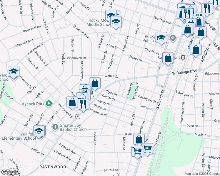 map of restaurants, bars, coffee shops, grocery stores, and more near 608 Clyde St in Rocky Mt
