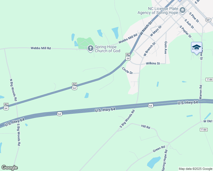 map of restaurants, bars, coffee shops, grocery stores, and more near Greenwood Drive in Spring Hope