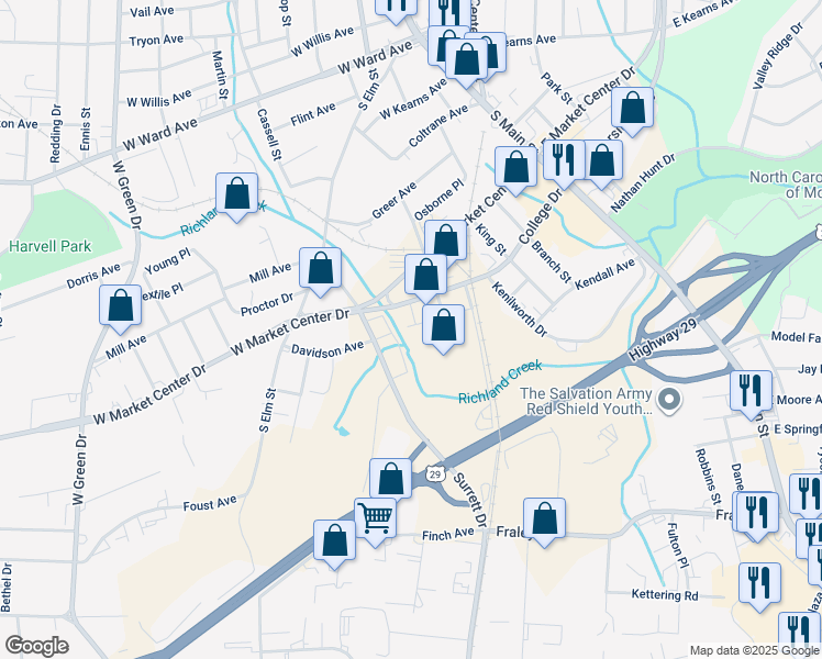 map of restaurants, bars, coffee shops, grocery stores, and more near 615 Davidson Avenue in High Point