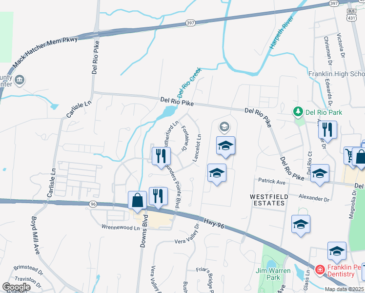 map of restaurants, bars, coffee shops, grocery stores, and more near 405 Fontaine Drive in Franklin
