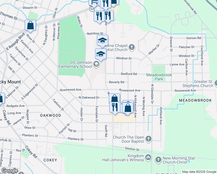 map of restaurants, bars, coffee shops, grocery stores, and more near 1401 Rosewood Avenue in Rocky Mount