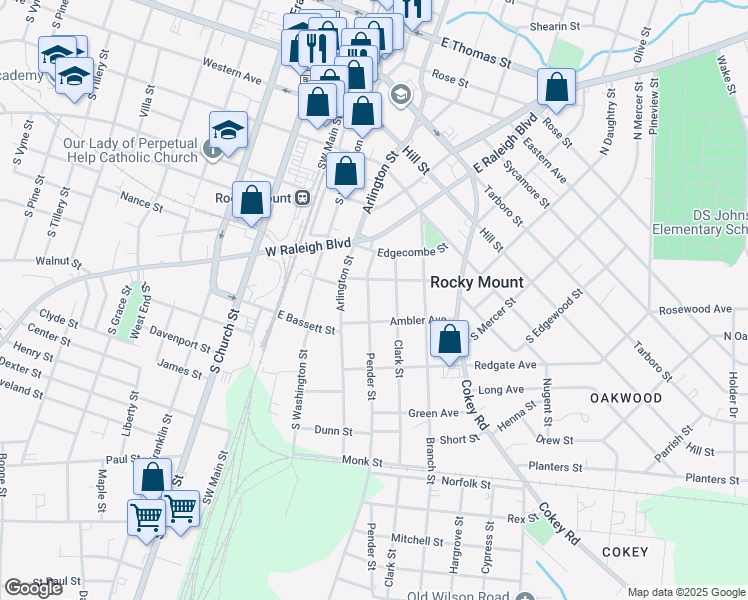 map of restaurants, bars, coffee shops, grocery stores, and more near 629 Pender Street in Rocky Mount