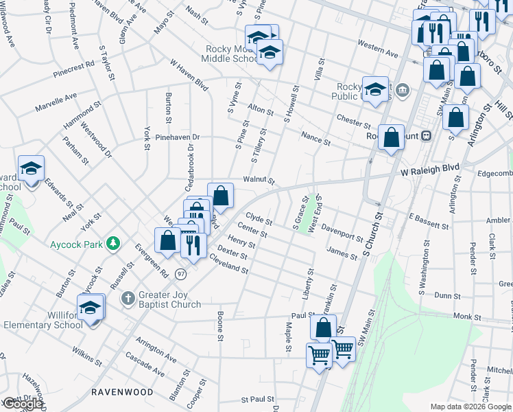 map of restaurants, bars, coffee shops, grocery stores, and more near 608 Clyde St in Rocky Mt