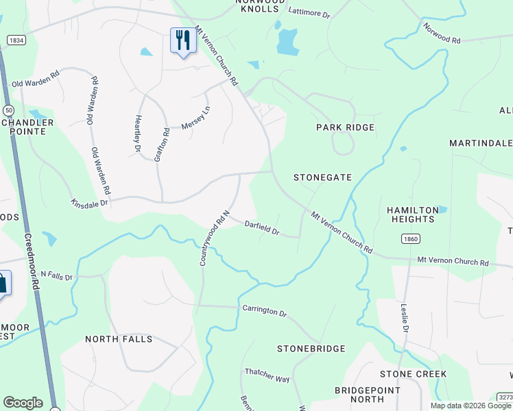 map of restaurants, bars, coffee shops, grocery stores, and more near 900 Darfield Drive in Raleigh