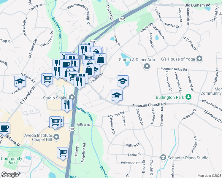 map of restaurants, bars, coffee shops, grocery stores, and more near 26 Banbury Lane in Chapel Hill