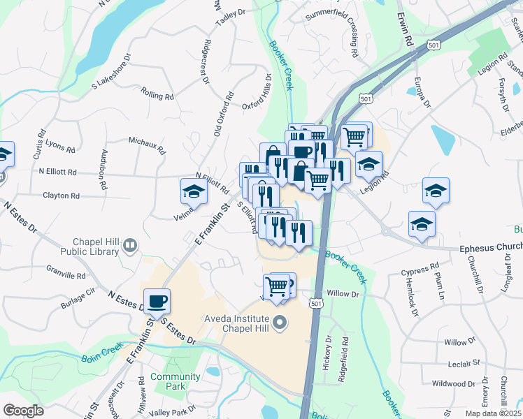 map of restaurants, bars, coffee shops, grocery stores, and more near 111 South Elliott Road in Chapel Hill