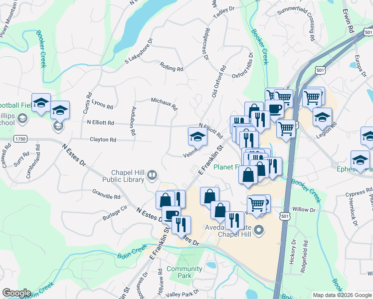 map of restaurants, bars, coffee shops, grocery stores, and more near 1502 Velma Road in Chapel Hill
