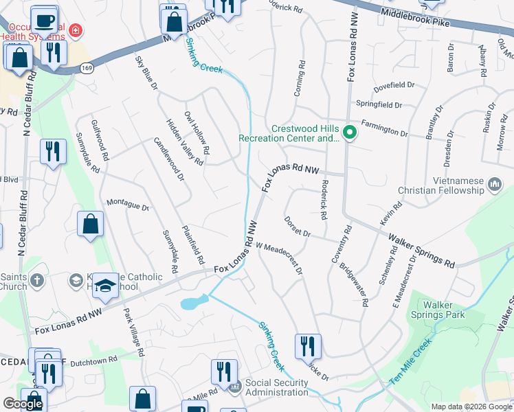 map of restaurants, bars, coffee shops, grocery stores, and more near 8919 Fox Lonas Road Northwest in Knoxville