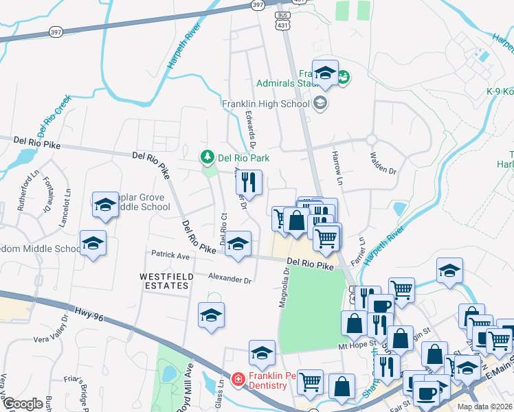 map of restaurants, bars, coffee shops, grocery stores, and more near 801 Del Rio Pike in Franklin