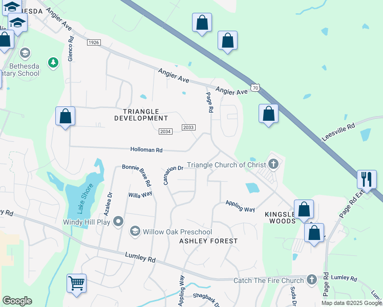 map of restaurants, bars, coffee shops, grocery stores, and more near 4600 Holloman Road in Durham