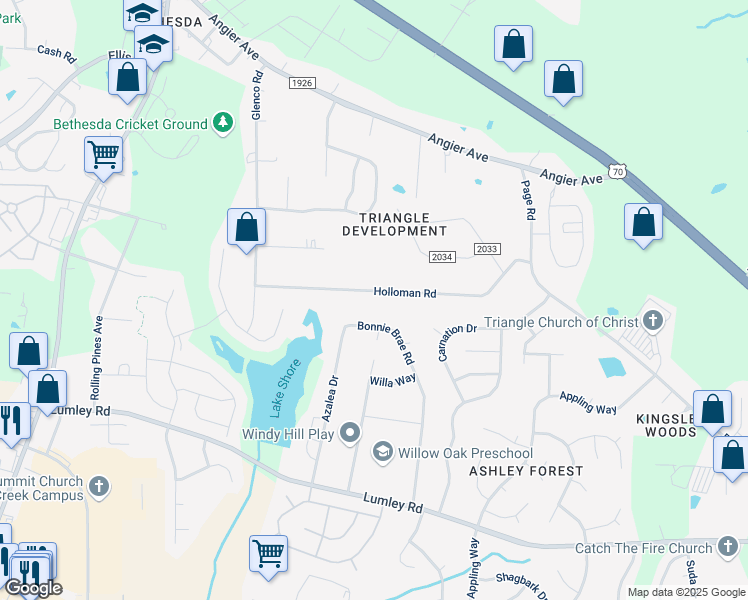 map of restaurants, bars, coffee shops, grocery stores, and more near 4426 Holloman Road in Durham