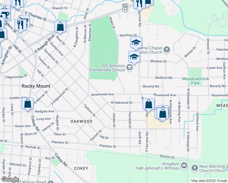 map of restaurants, bars, coffee shops, grocery stores, and more near 1135 Rosewood Avenue in Rocky Mount