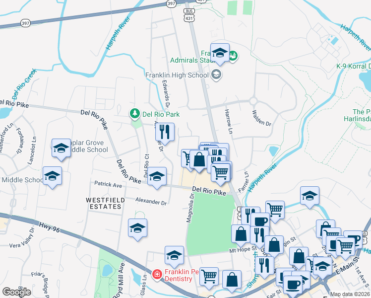 map of restaurants, bars, coffee shops, grocery stores, and more near 801 Del Rio Pike in Franklin