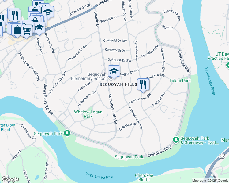 map of restaurants, bars, coffee shops, grocery stores, and more near 942 Southgate Road Southwest in Knoxville