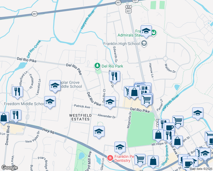 map of restaurants, bars, coffee shops, grocery stores, and more near 318 Astor Way in Franklin