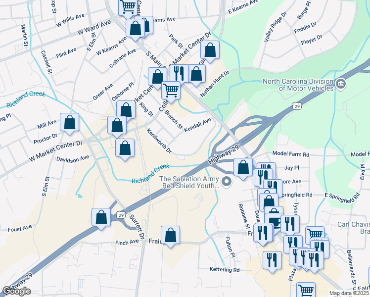 map of restaurants, bars, coffee shops, grocery stores, and more near 145 Kenilworth Drive in High Point