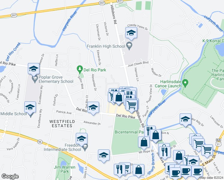 map of restaurants, bars, coffee shops, grocery stores, and more near 801 Del Rio Pike in Franklin
